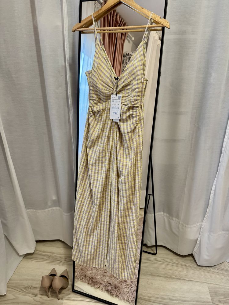 Rochie midi / lunga de vara cu slit in carouri Zara marimea M