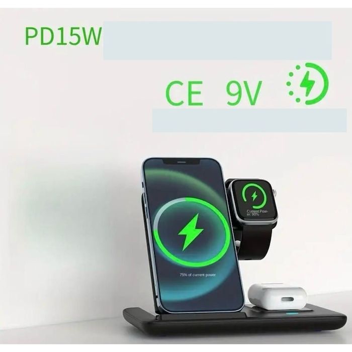 Statie de incarcare wireless 3 in 1, incarcare rapida, pliabila, negru