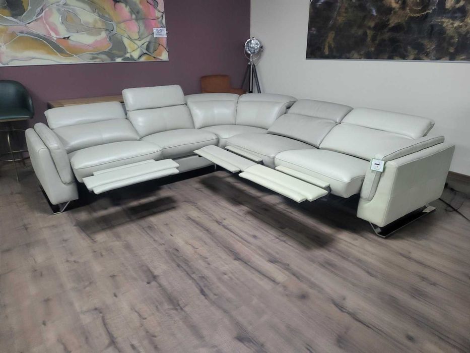 Кремав кожен ъглов диван с електрически релаксиращ механизъм