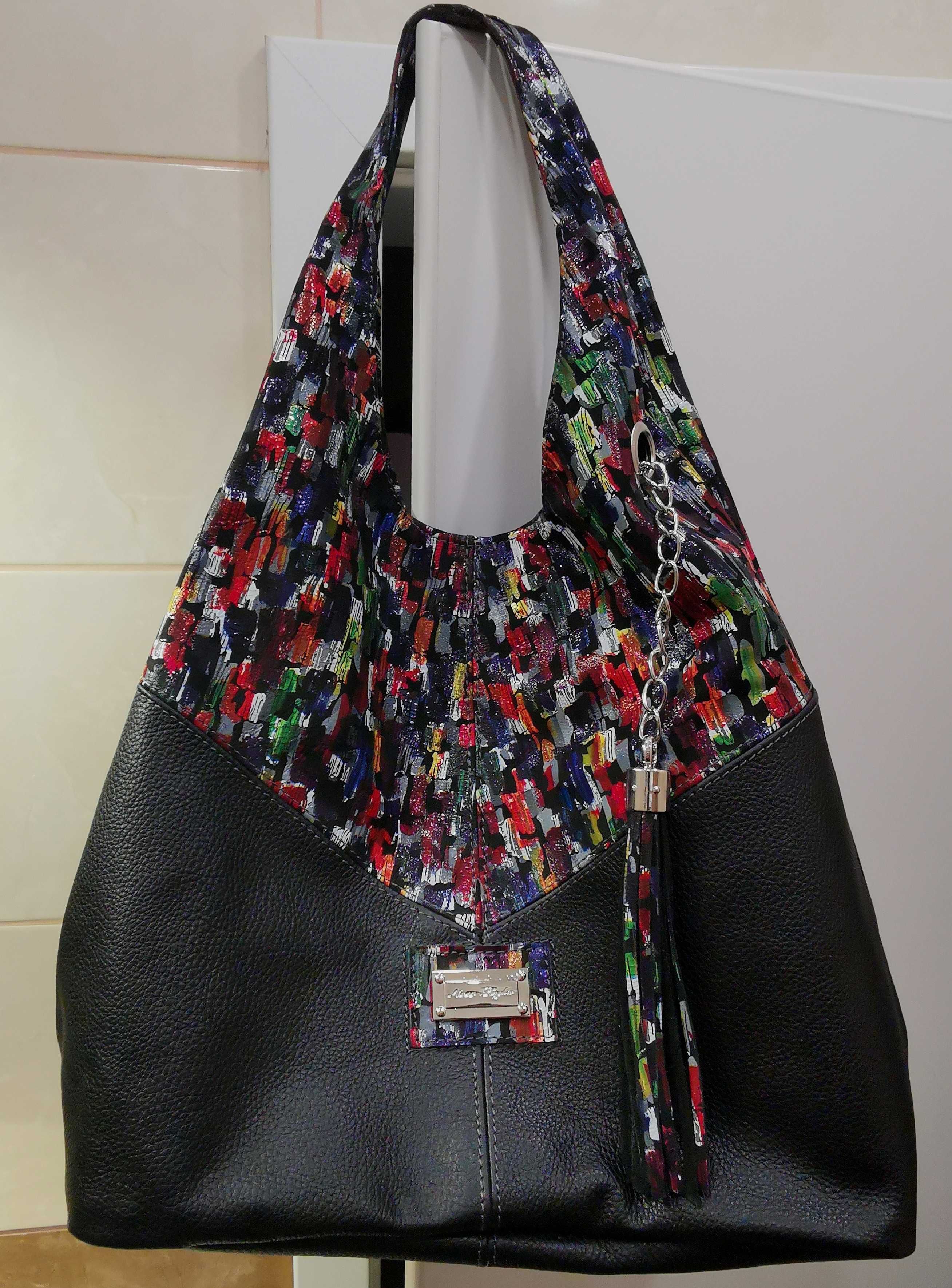 Дамска чанта естествена кожа с цветен акцент