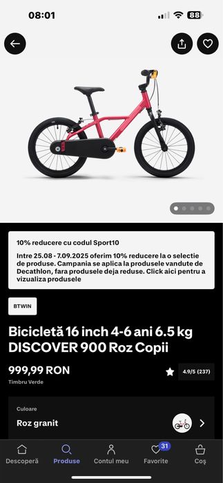 Bicicleta copii 4-5-6 ani roti 16” Model usor 6,5 kg
