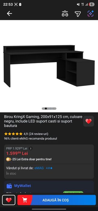 Birou KringX Gaming, 200x91x125 cm, culoare negru, include suport