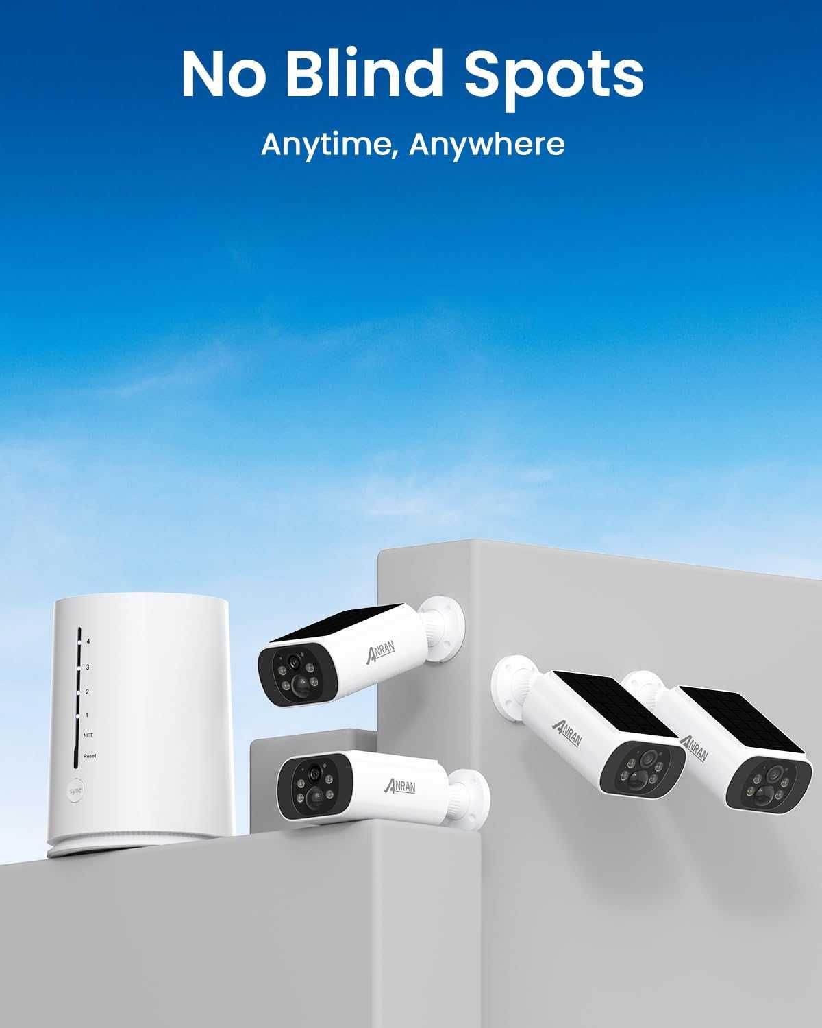 ЧИСТО НОВА ANRAN C3 4MP 4 соларни камери + базова станция с 64GB SD...