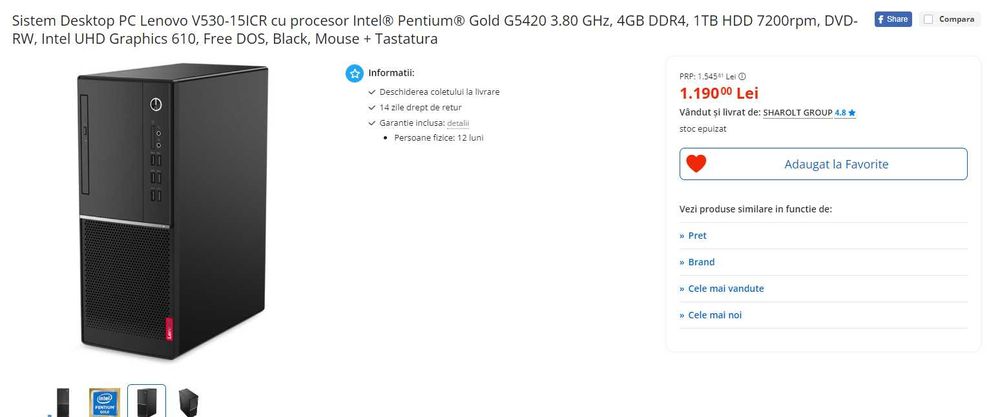 Sistem Lenovo V530-15ICR, Pentium Gold G5420 gen9, 8GB DDR4