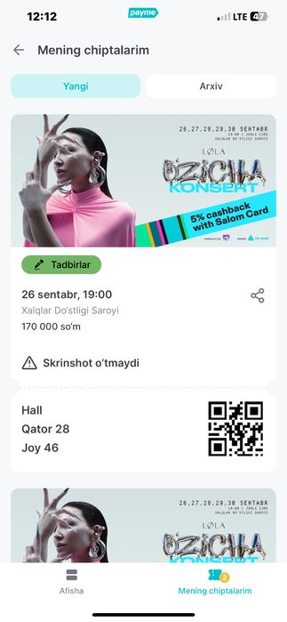Lola “O’zicha” konsert dasturi uchun bilet 31 qator 5 joy