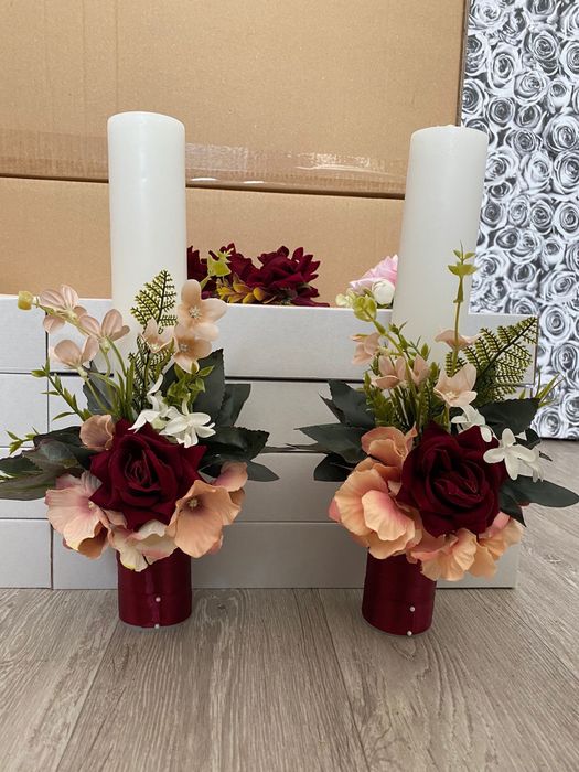 Set buchet mireasa+aranjamente lumanari+flori de piept
