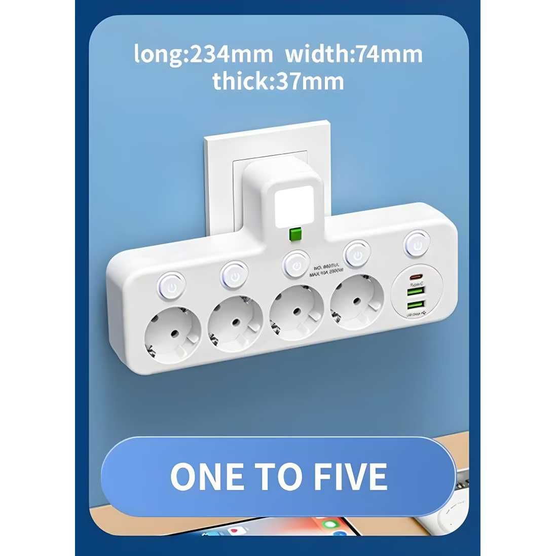 Разпределител с 4 контакта Schuko + 2 USB-A порта + 1 USB-C порт