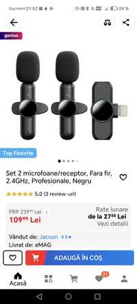 Set 2 microfoane/receptor, Fara fir, 2.4GHz, Profesionale, Negru