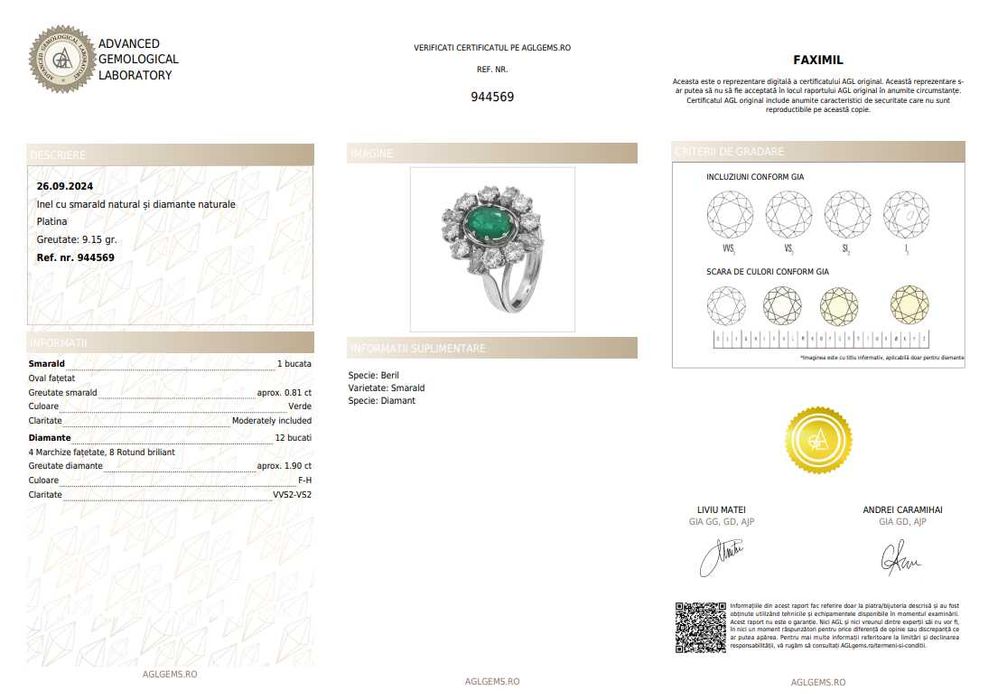 Inel din platină, decorat cu smarald și diamante