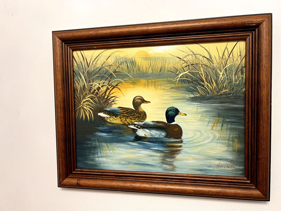 Pictura in ulei pe pânză ce reprezinta  un peisaj liniștit de lac