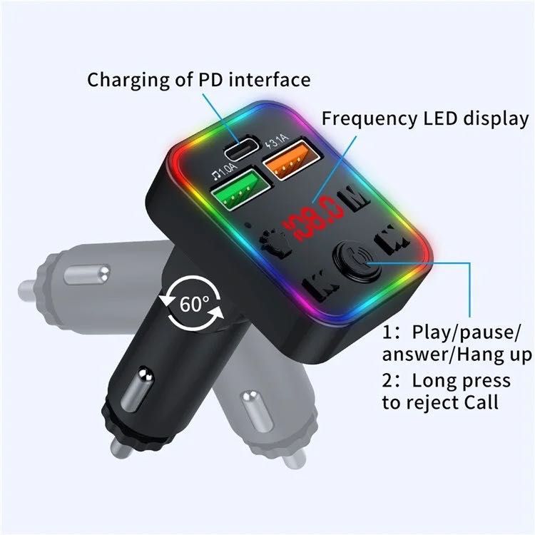 FM трансмитер Bluetooth v.5.0 + USB 3.1A /12-24v/Fast Charging/Type C/