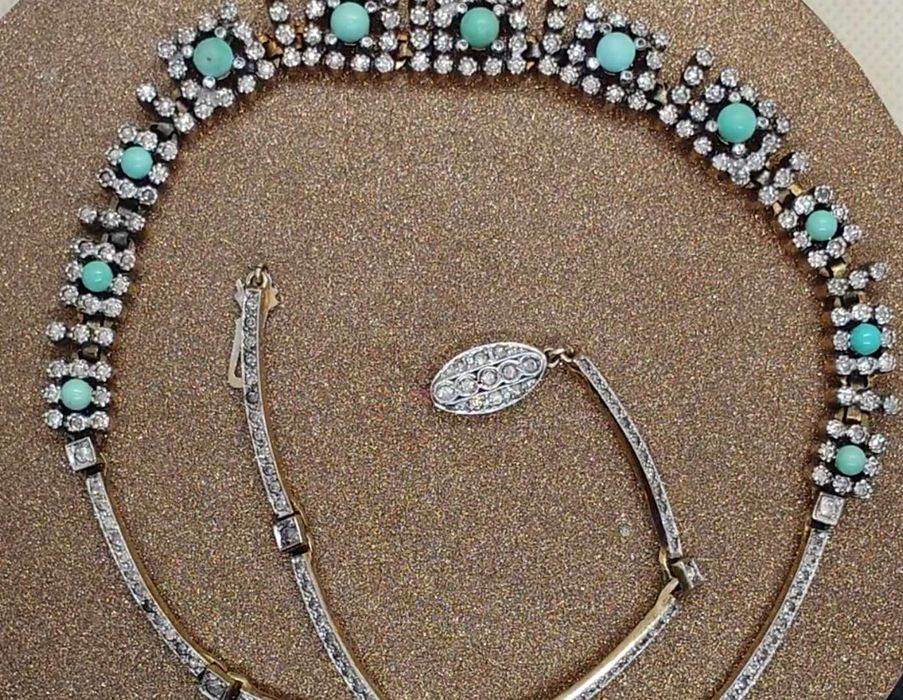 Colier vintage argint aurit cu turcoaz si zirconii