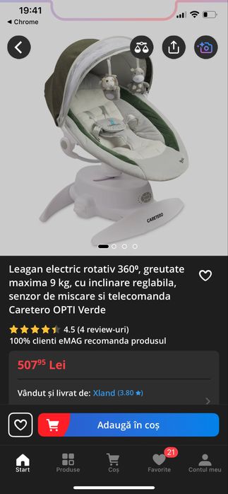 Leagan electric 360 Caretero Opti verde cu telecomanda