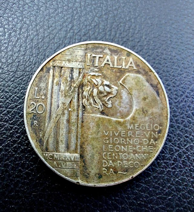 Monedă 20 lire Italia an 1928