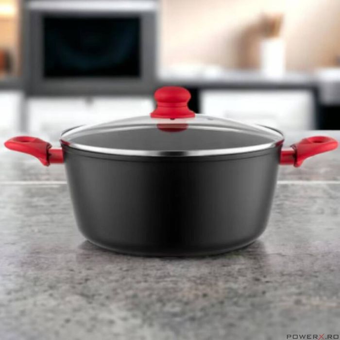 Oala din aluminiu, cu capac, 2 straturi antiaderente, 20 cm capacitate