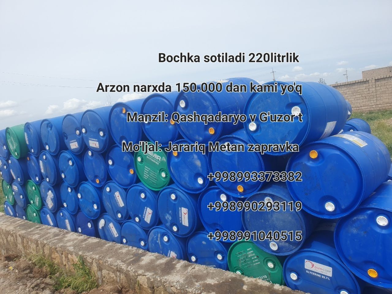Bochkalar sotiladi 
220l plasmas  170.000.