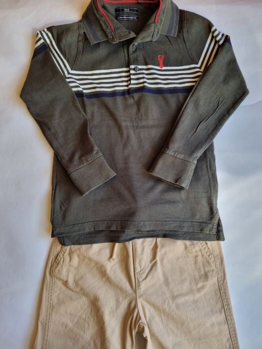 Зелена блуза с яка и копчета Next и бежов панталон H&M, 128 см.