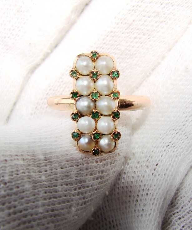 Victorian Inel Aur 18K Cu Perle Si Smaralde
