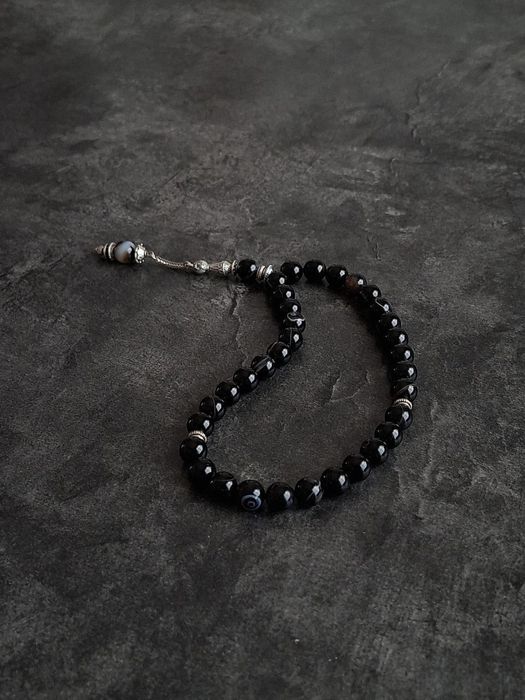 Премиальные чётки(тасбих) ручной работы из черного агата — 33 бусины