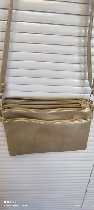 Дамска чанта през рамо – Златисто-бежова, елегантна, 3 отделения