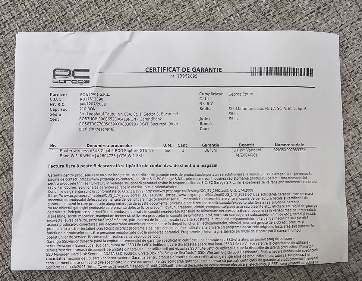 Asus ROG Rapture GT6 - garanție aprilie 2026