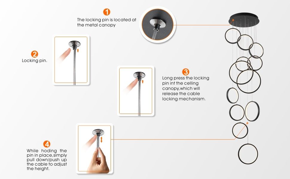 Модерен черен полилей с 12 пръстена за висок таван, стълбище