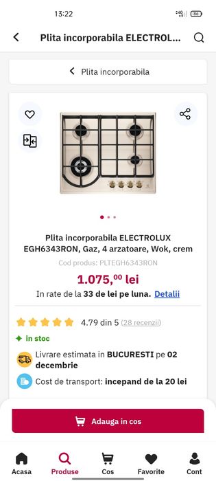 Plita incorporabila ELECTROLUX EGH6343RON, Gaz, 4 arzatoare, Wok, crem