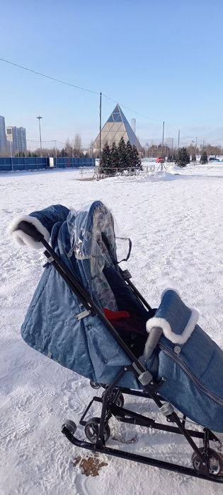 Санка-коляска с роликами для асфальта и полознями для снега