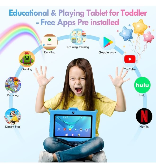 Tableta pentru copii, 7 inch, Android 13, 3-12 ani, albastra sau roz