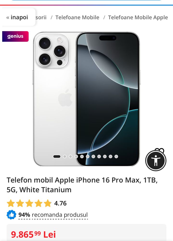 Apple iPhone 16 Pro Max, 1TB, 5G, White Titanium, sigilat
