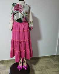 Fusta raiat fucsia, casual, cu dantela, talie elastică, mas 42