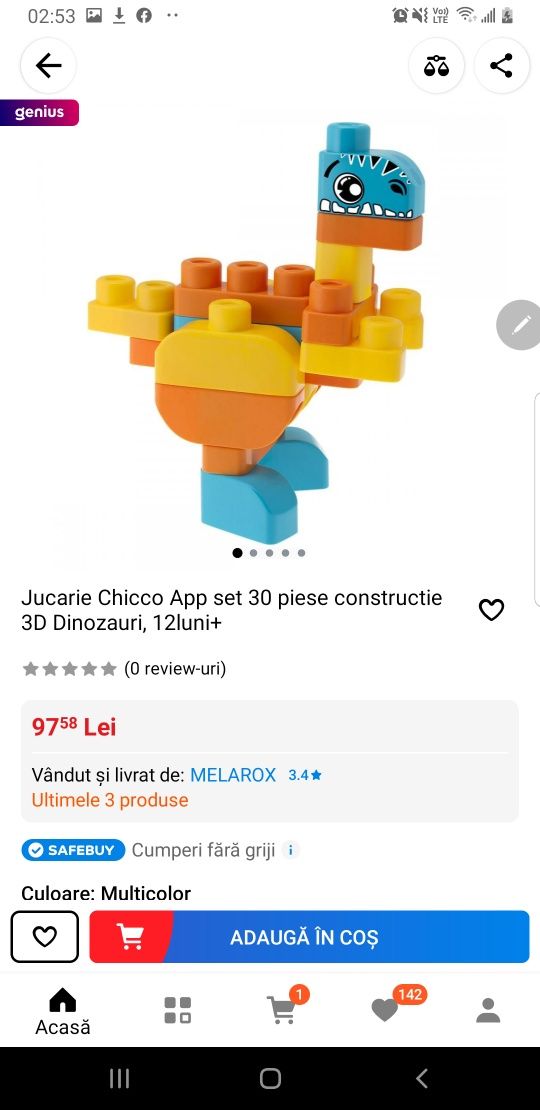 Jucarie Chicco App set 30 piese constructie 3D Dinozauri, 12luni+