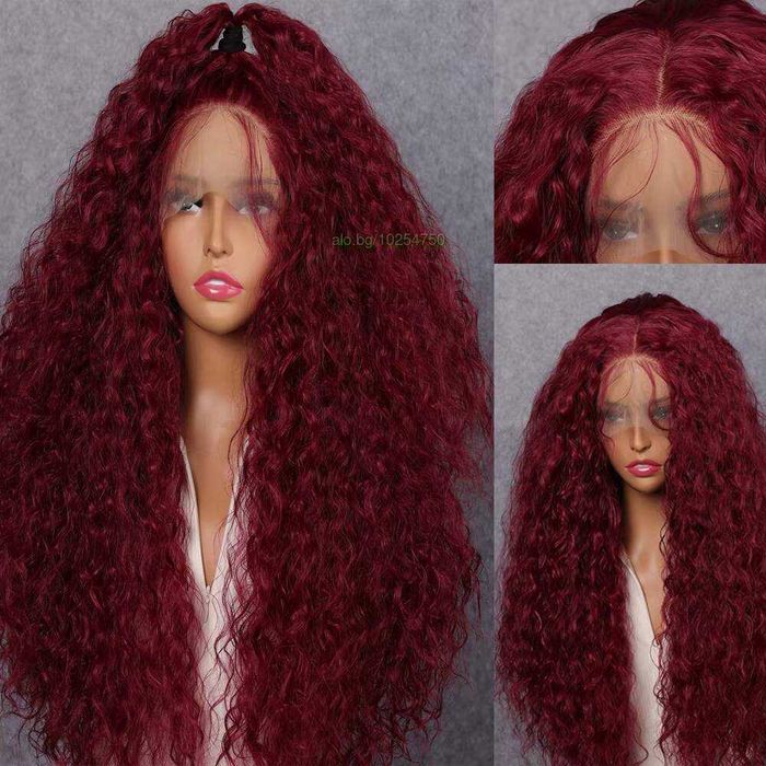 Къдрава лейс фронт тъмно червена бордо перука с дантела 13*4