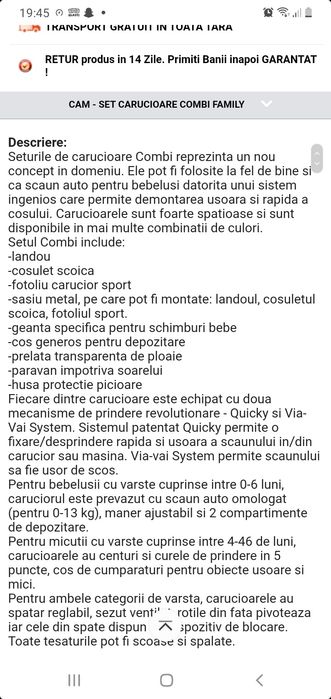 Vând cărucior CAM COMBI FAMILY