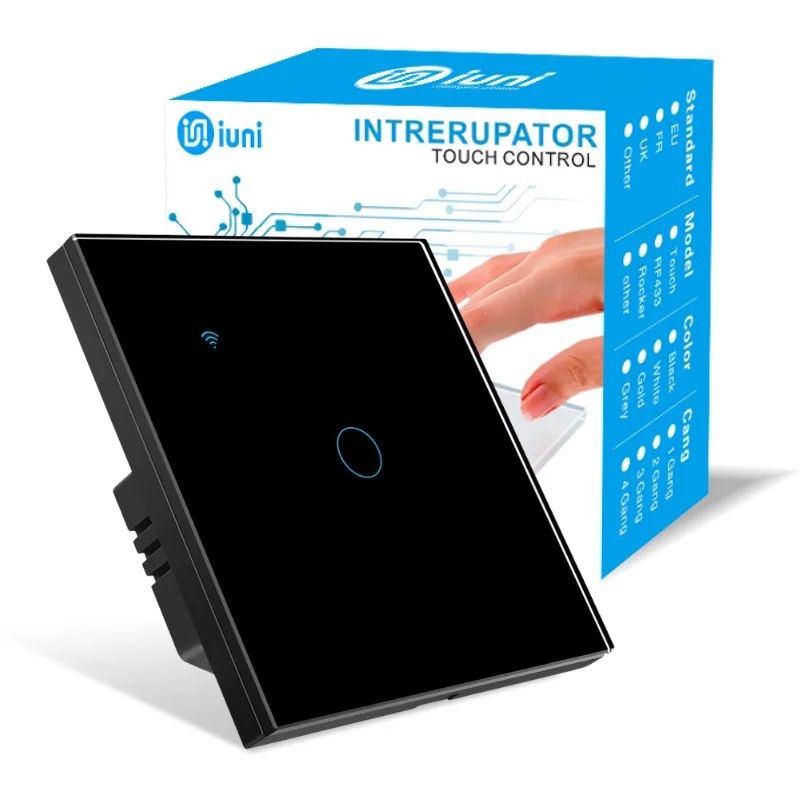 Intrerupator smart touch, WiFi, Sticla, iUni 1G, 10A, Black