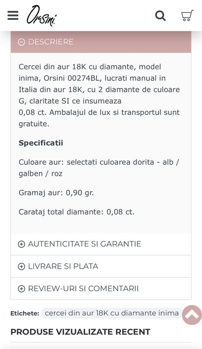 Cercei din aur 18K Orsini cu diamante 0,08 CT., MODEL INIMA