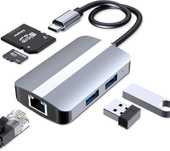 Компактен многопортов USB-C/HUB 5 в 1 адаптер LAN RJ45 Ethernet, SD/TF