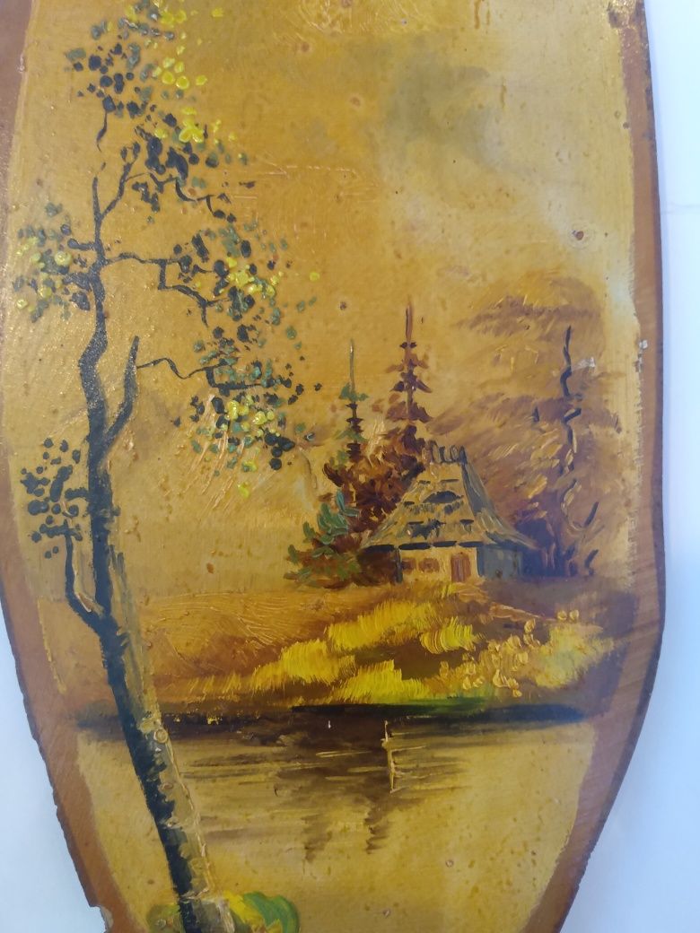 Pictura veche realizata manual pe lemn de plop