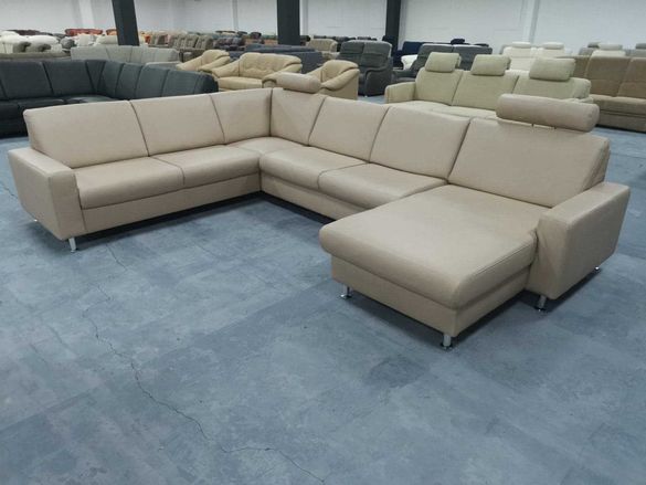 Голям кремав кожен ъгълов диван  "U Form" с релакс механизъм
