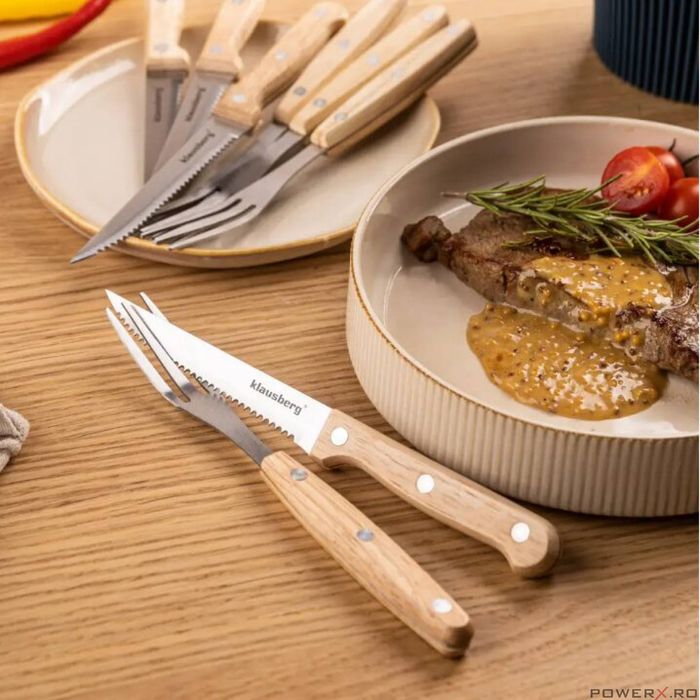 Set pentru friptura si gratar, 8 piese, otel inoxidabil, lemn,