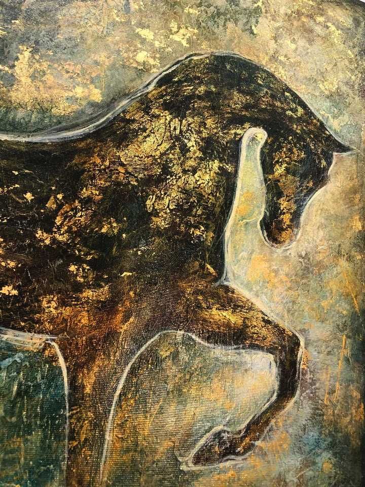 Картина холст масло золотой конь лошадь национальная этно живопись