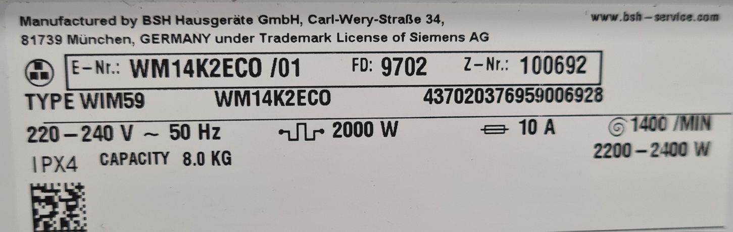 Пералня A+++/8кг Siemens iQ300 1400обр WM14K2ECO/29