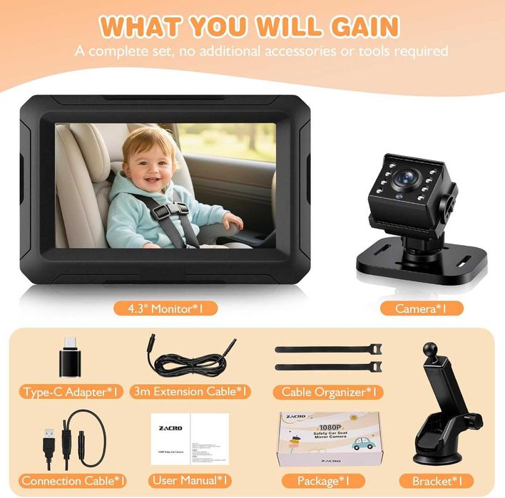 Zacro Бебешка камера за кола, 4.3'' дисплей за задната седалка