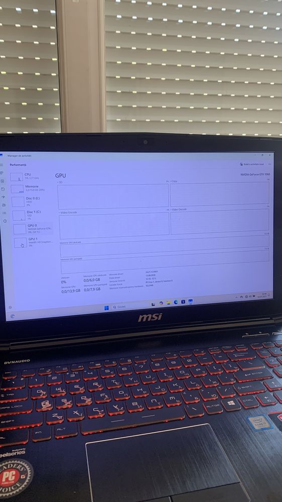Laptop Gaming MSI GE62VR Apache Pro – i7, GTX 1060, 16GB RAM, SSd+HDD