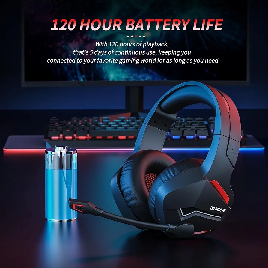 BINNUNE Wireless Gaming Headset with Microphone for PC PS4 PS5 Playsta