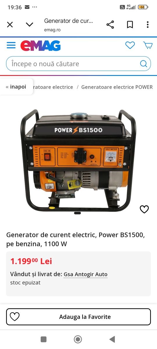 Generator de curent electric, Power BS1500, pe benzina, 1100 W