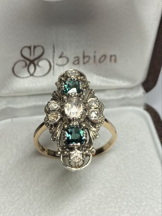 Inel antic aur 18kt.cu safire albe si turmaline