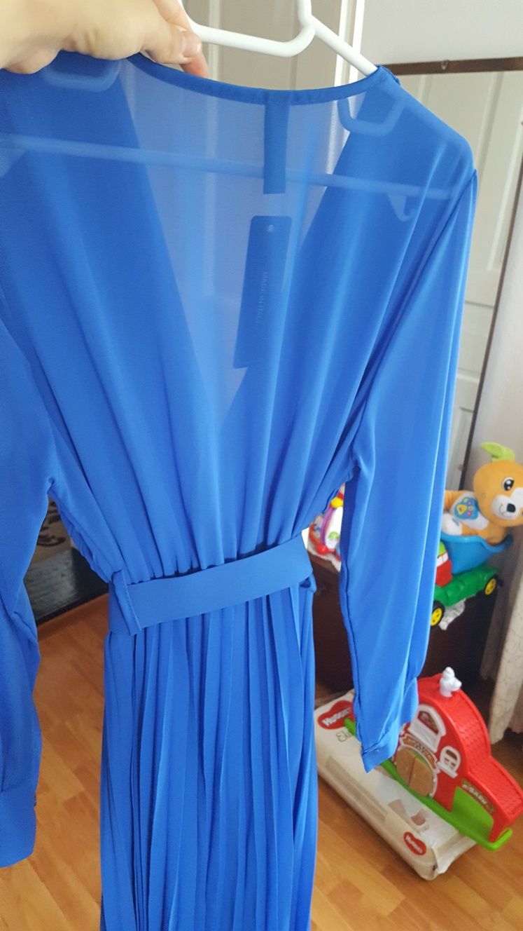 Rochie noua albastra lungă plisata voal curea talie