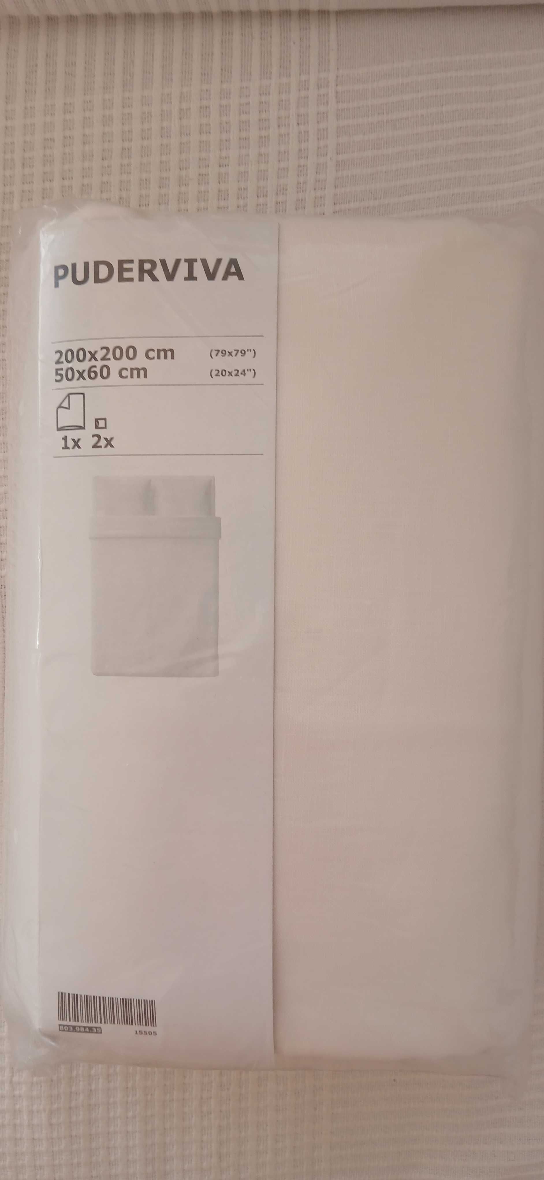 Lenjerie de pat Puderviva cu șnururi decorative (Ikea), alb, de in