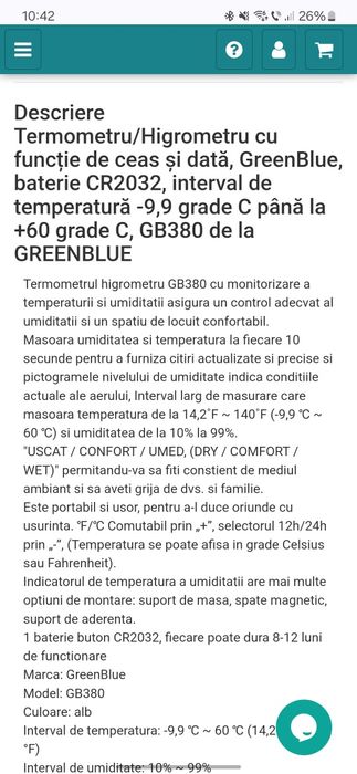 Termohigrometru/termometru cu functie ceas